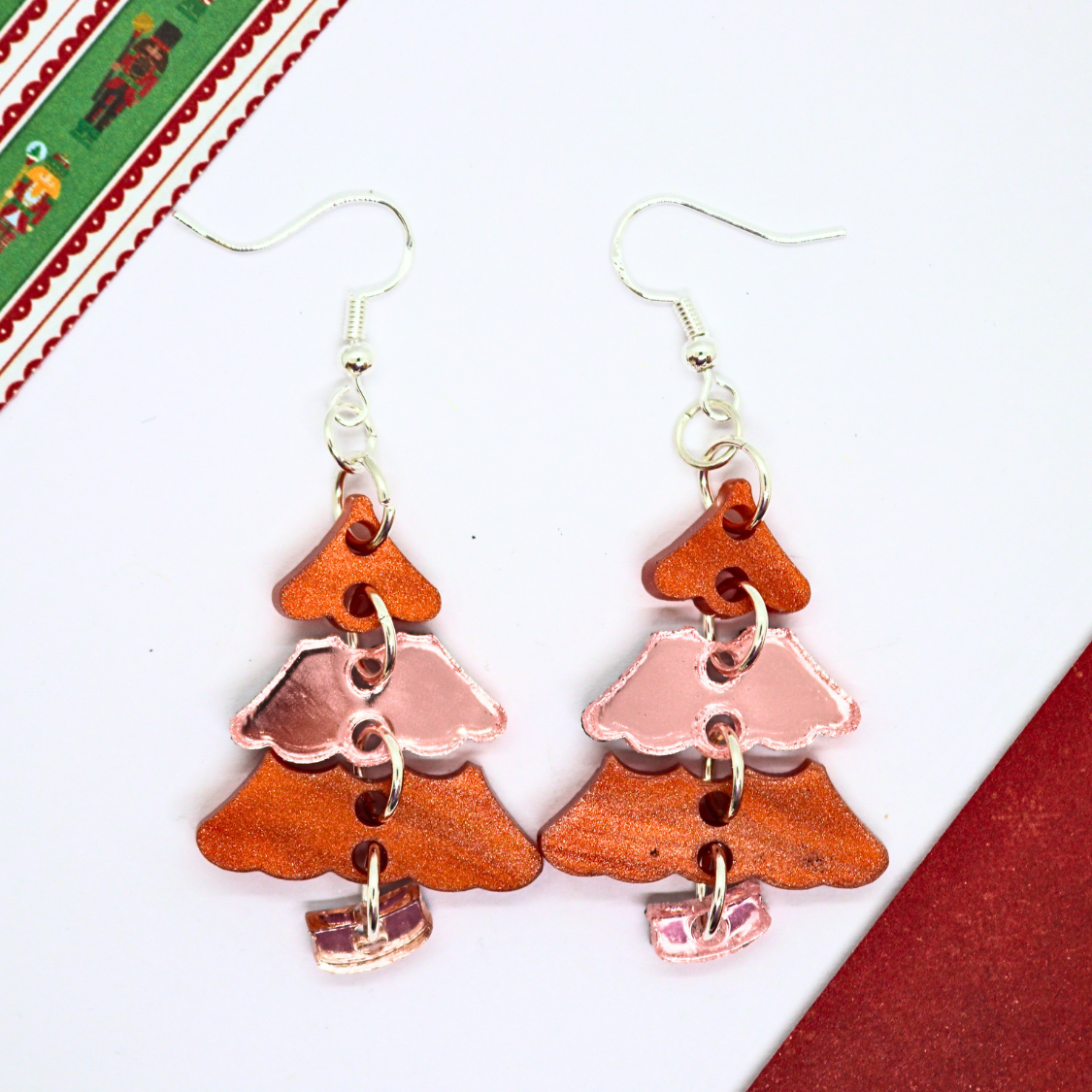Gingerbread Christmas Tree Earrings (Rosey Gold and Cookie Brown Color Block)