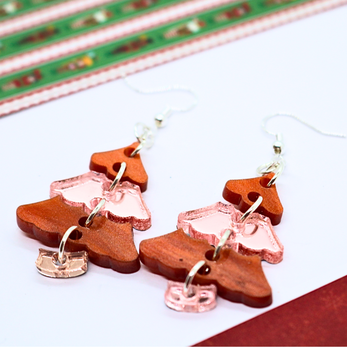 Gingerbread Christmas Tree Earrings (Rosey Gold and Cookie Brown Color Block)