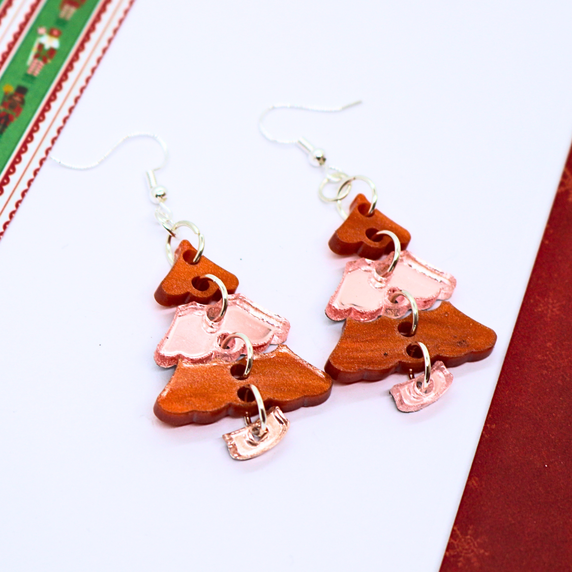 Gingerbread Christmas Tree Earrings (Rosey Gold and Cookie Brown Color Block)