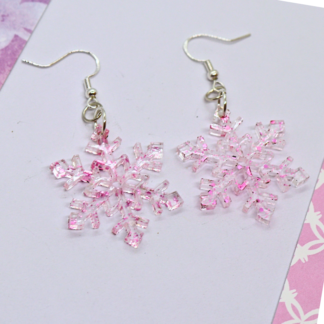 Pink Sparkly Snowflake Earrings