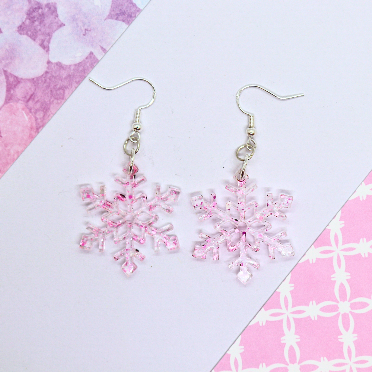 Pink Sparkly Snowflake Earrings
