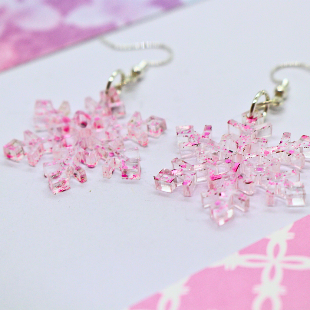 Pink Sparkly Snowflake Earrings