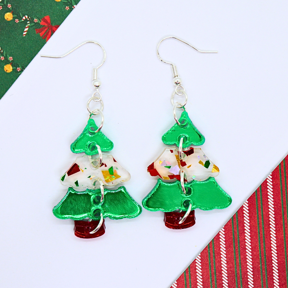 Christmas Tree Earrings (Mirror Green and Glitter Color Block)