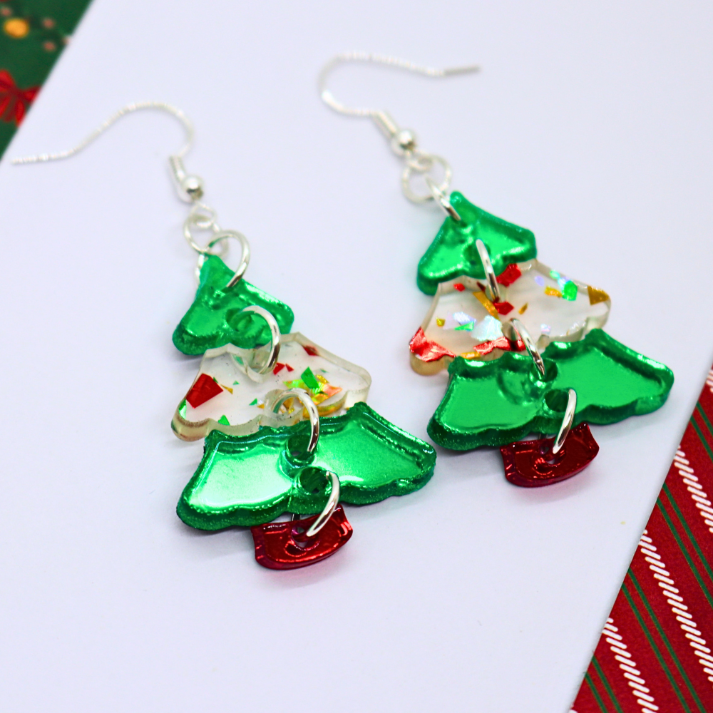 Christmas Tree Earrings (Mirror Green and Glitter Color Block)