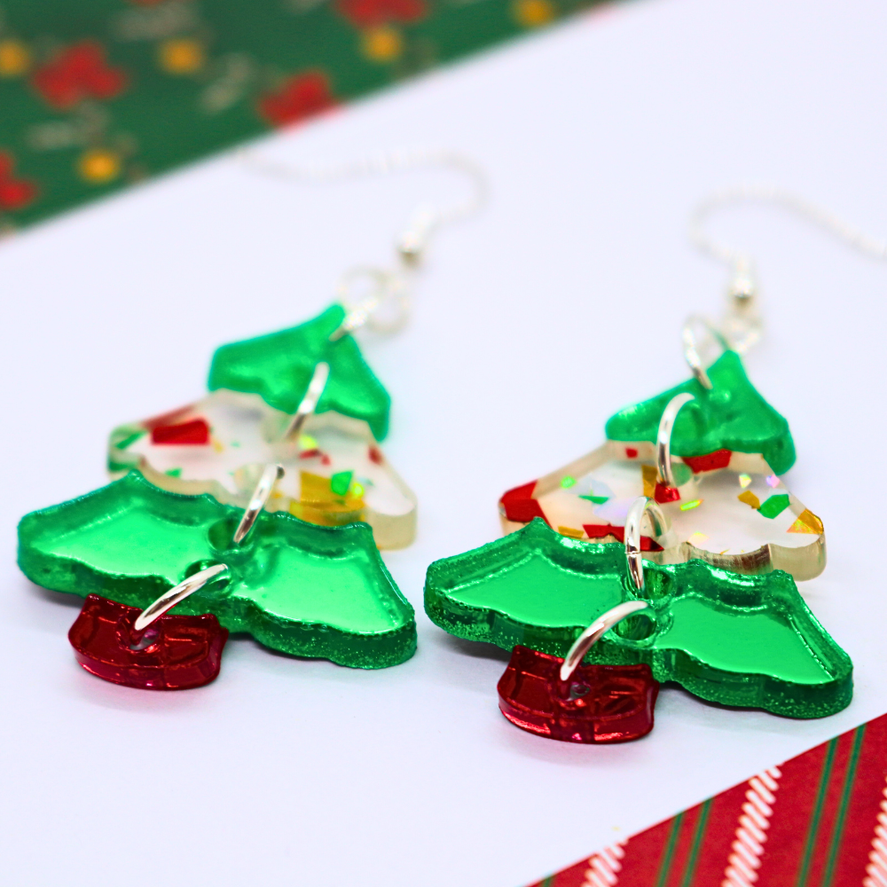 Christmas Tree Earrings (Mirror Green and Glitter Color Block)