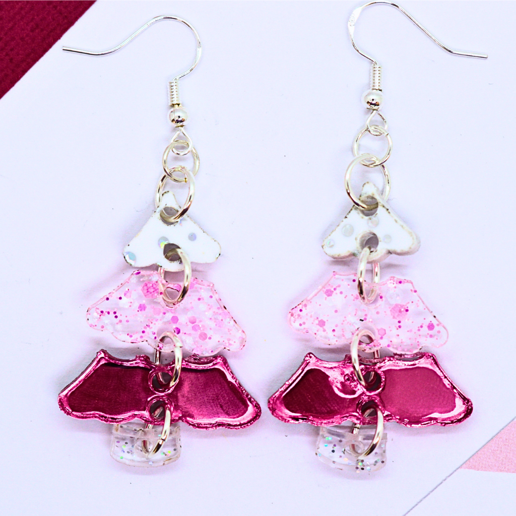 Pink Christmas Tree Earrings (Mirror Pink and Snowflake Glitter Color Block)