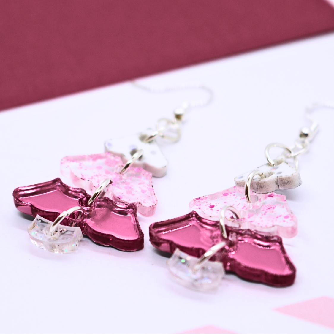 Pink Christmas Tree Earrings (Mirror Pink and Snowflake Glitter Color Block)