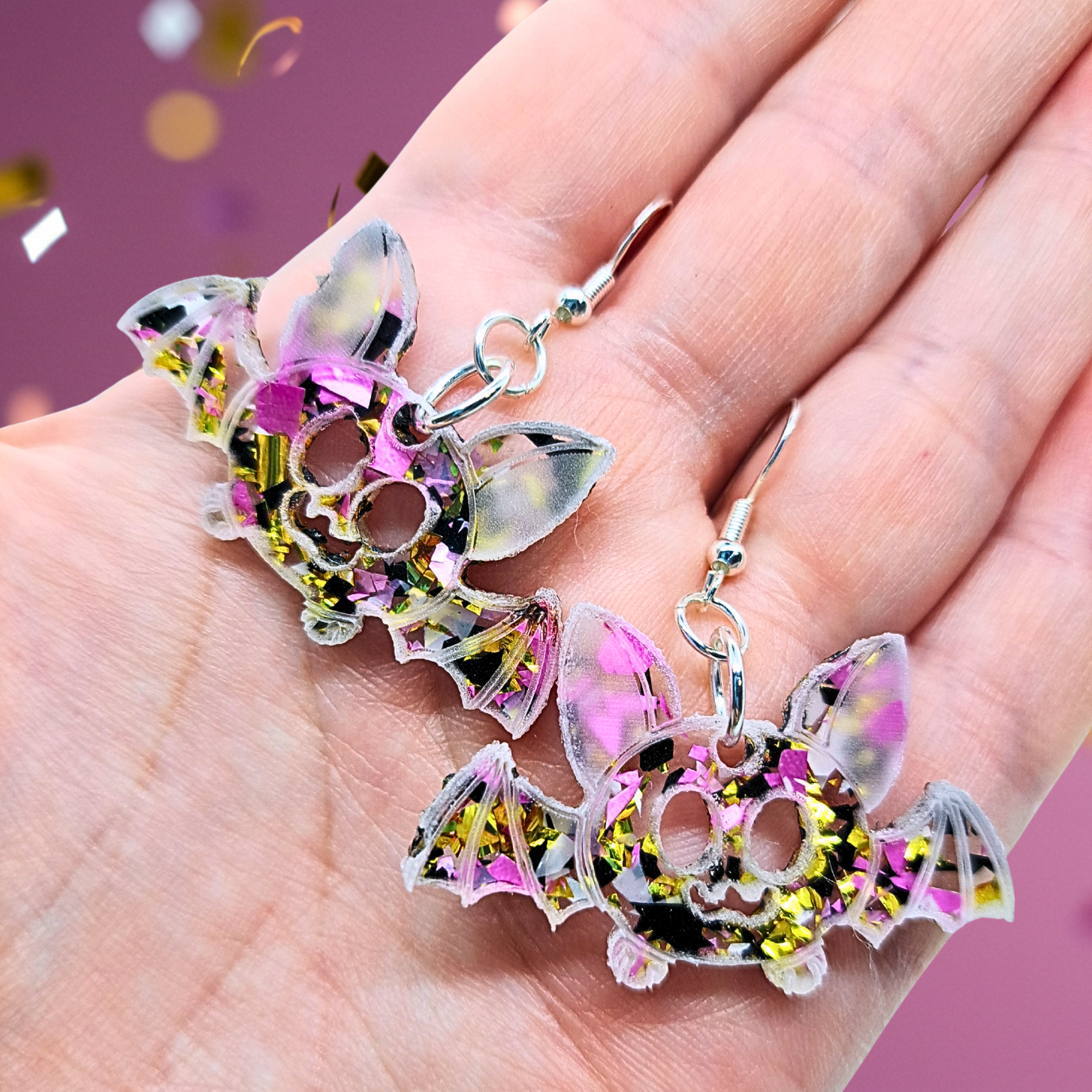 Adorable Bat Earrings, Pink Confetti Party Edition